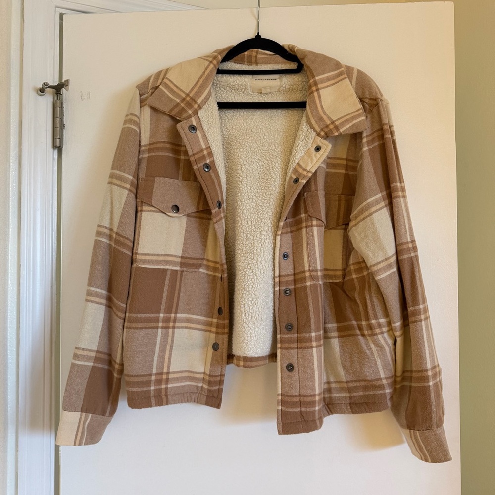 Lucky Brand Plaid Teddy Jacket - Brown and Cream